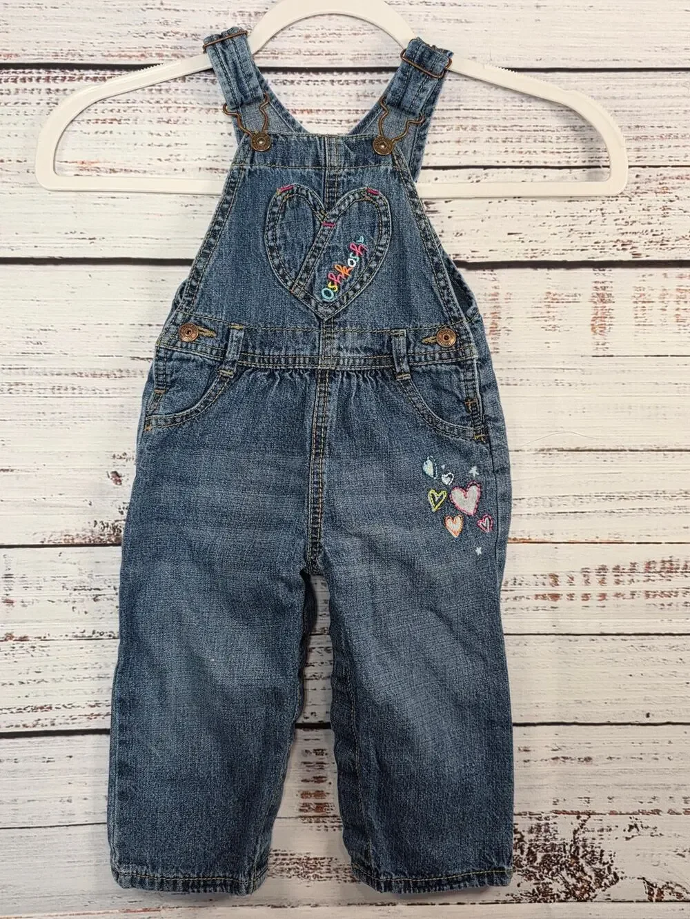 Oshkosh Baby Girl size 18 months Rainbow Heart Denim Jean Bib overalls vestbak